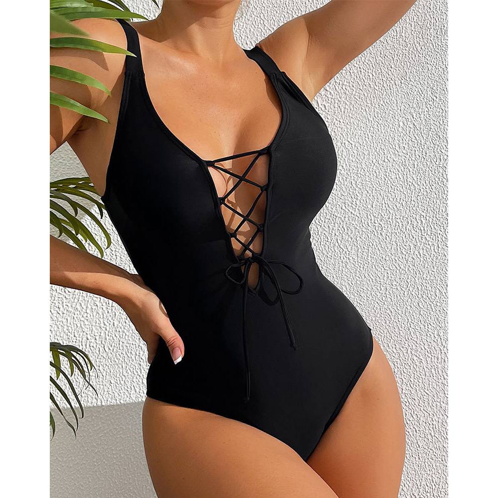 Monochrome Suit Set - Cikini-kadınlar için tek parça mayo, dantel-up