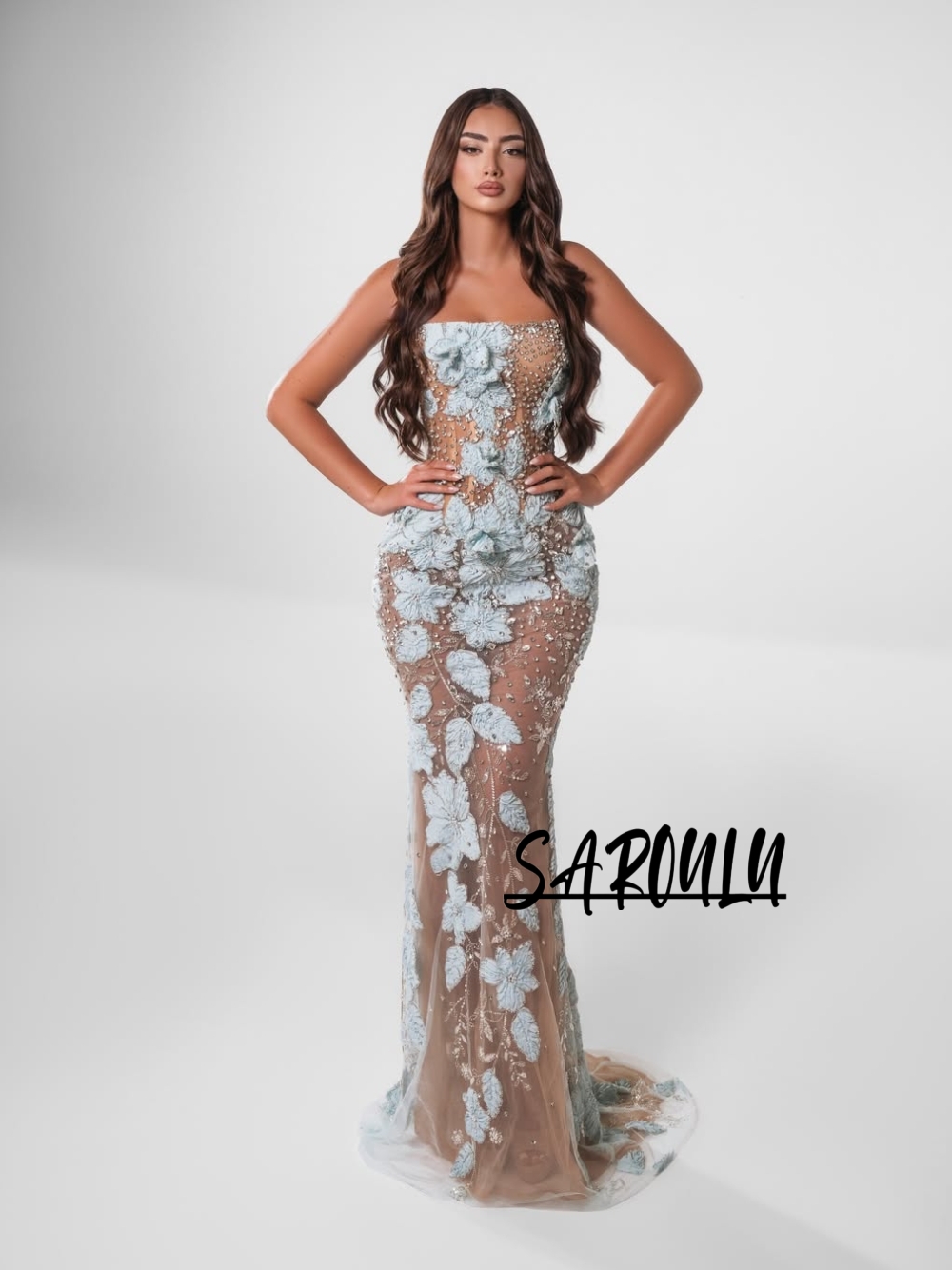 Women Formal Event Wear - Romantik Açık Mavi Çiçekli Abiye Elbise
