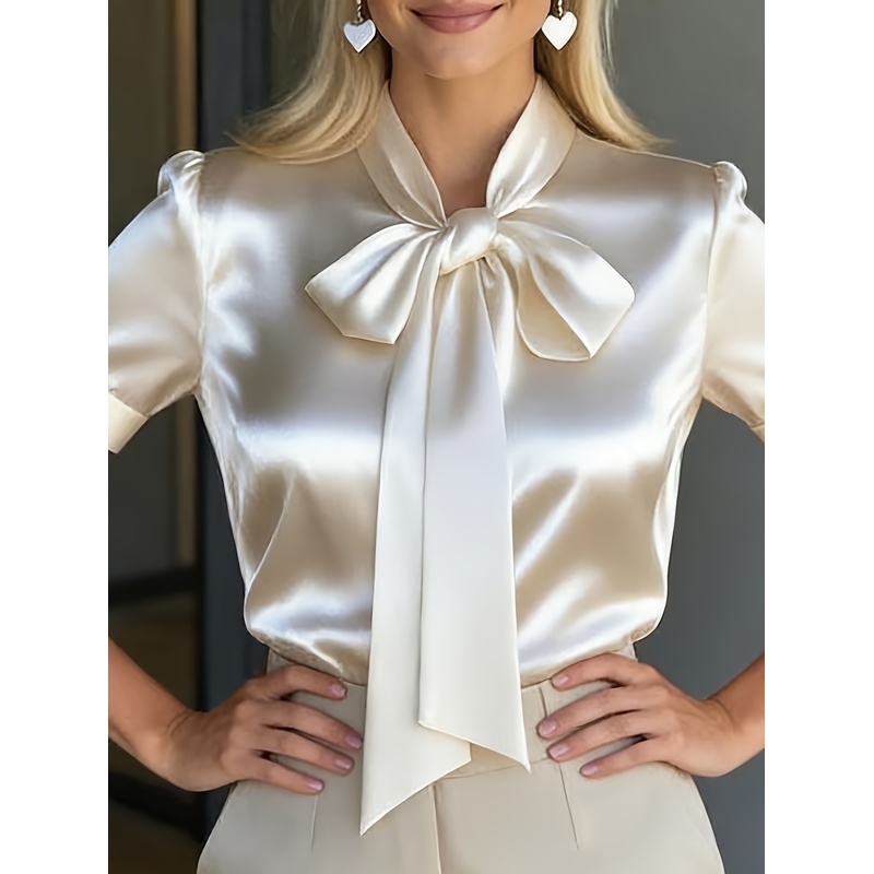 Women Formal Wear Stitching - Kadın Zarif Kısa Kollu Gömlek, Fiyonklu